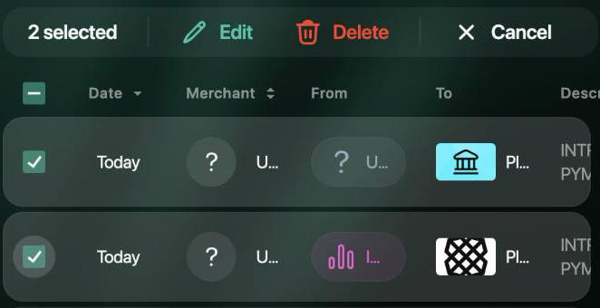 Transactions with two rows ticked and a bar above the list: 2 selected, Edit, Delete, Cancel.