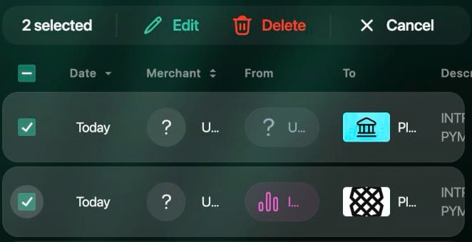 Transactions with two rows ticked and a bar above the list: 2 selected, Edit, Delete, Cancel.