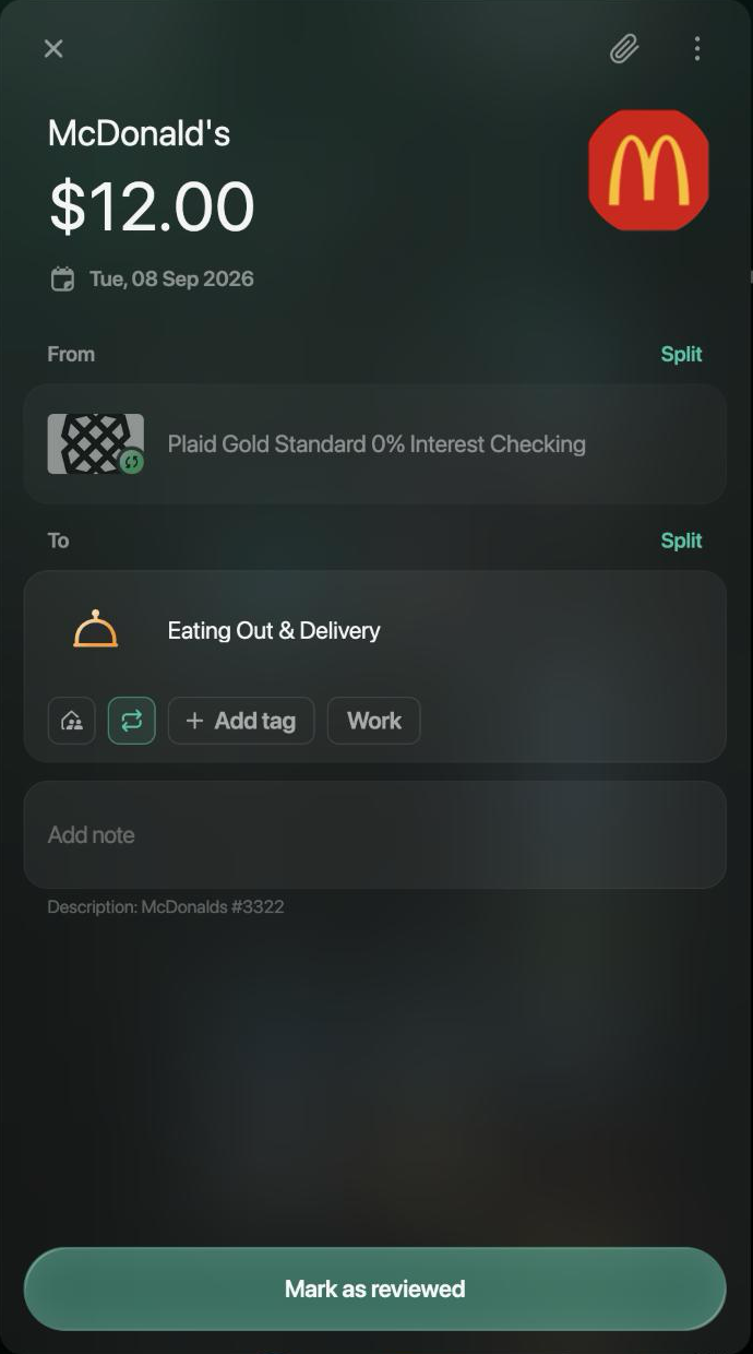McDonald's transaction of $12.00 on Tue, 08 Sep 2026, from Plaid Gold Standard 0% Interest Checking to Eating Out & Delivery, with a Mark as reviewed button at the bottom.