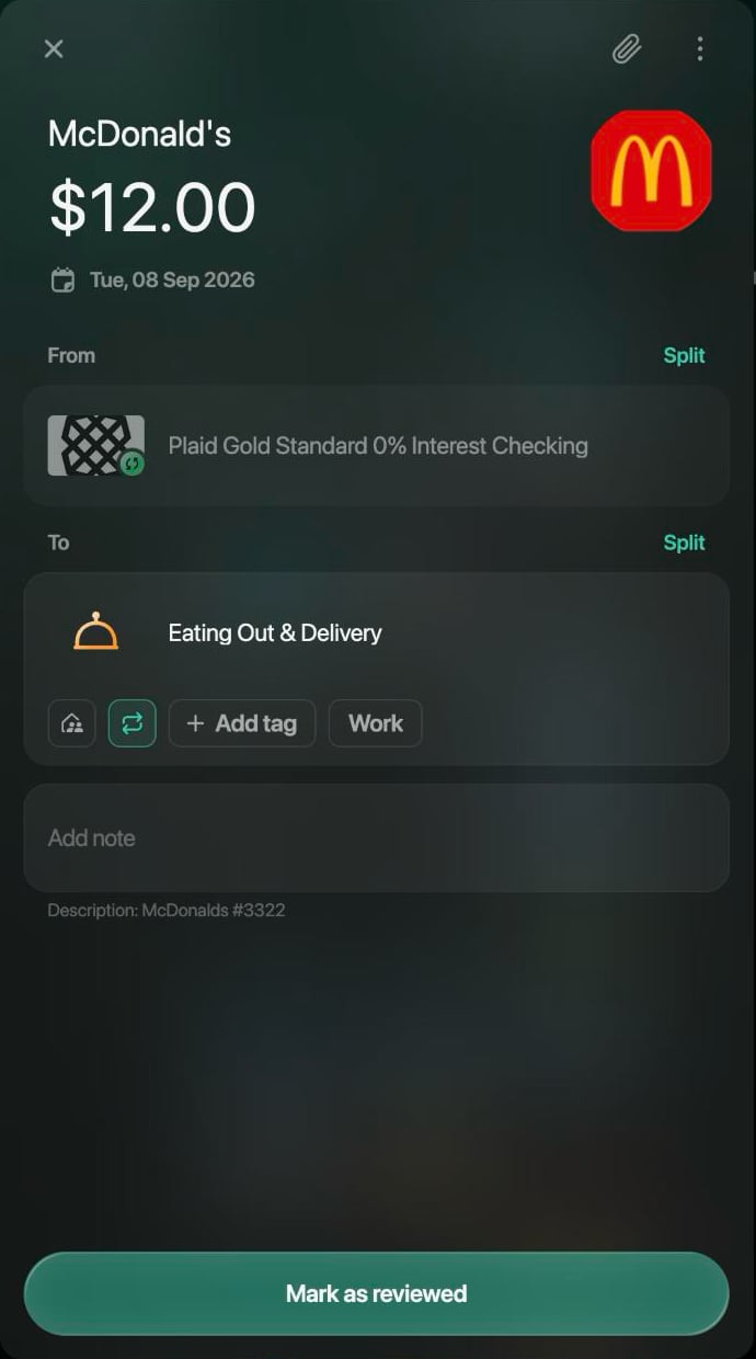 McDonald's transaction of $12.00 on Tue, 08 Sep 2026, from Plaid Gold Standard 0% Interest Checking to Eating Out & Delivery, with a Mark as reviewed button at the bottom.
