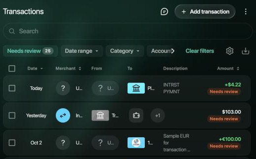 Transactions with the Needs review filter on, showing 25: each row, such as INTRST PYMNT +$4.22 with an unknown merchant, has an orange Needs review label under the amount.