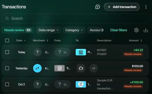 Transactions with the Needs review filter on, showing 25: each row, such as INTRST PYMNT +$4.22 with an unknown merchant, has an orange Needs review label under the amount.