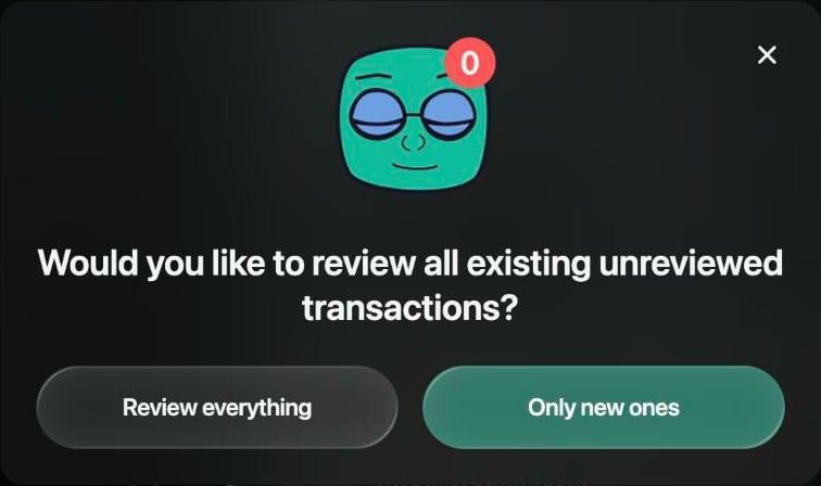 Dialog: Would you like to review all existing unreviewed transactions? with the buttons Review everything and Only new ones.