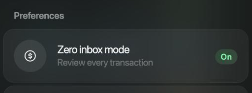 Space settings, Preferences section: Zero inbox mode, Review every transaction, with the status On.