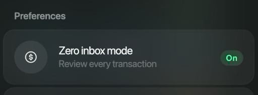 Space settings, Preferences section: Zero inbox mode, Review every transaction, with the status On.