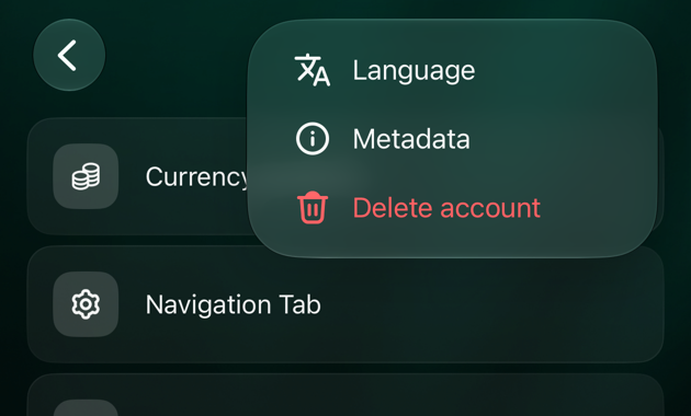 The ⋯ menu in the space settings on iOS with three items: Language, Metadata and Delete account in red