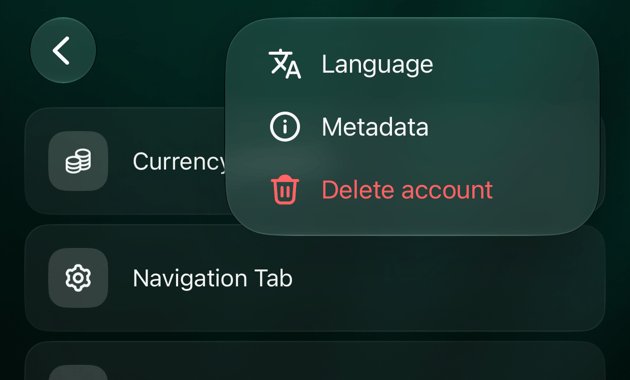 The ⋯ menu in the space settings on iOS with three items: Language, Metadata and Delete account in red