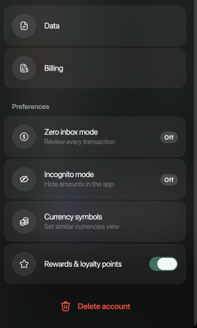 The lower part of the space settings on the web: Data, Billing, Preferences with Zero inbox mode, Incognito mode, Currency symbols and Rewards & loyalty points, and a red Delete account button at the bottom