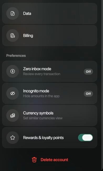 The lower part of the space settings on the web: Data, Billing, Preferences with Zero inbox mode, Incognito mode, Currency symbols and Rewards & loyalty points, and a red Delete account button at the bottom