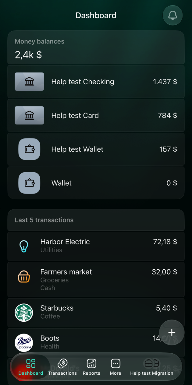 iOS Dashboard of the space after the move: Money balances with Help test Checking 1,437 dollars, Help test Card 784 dollars, Help test Wallet 157 dollars and Wallet 0 dollars; Last 5 transactions with Harbor Electric in Utilities, Farmers market in Groceries, Starbucks in Coffee and Boots in Health.