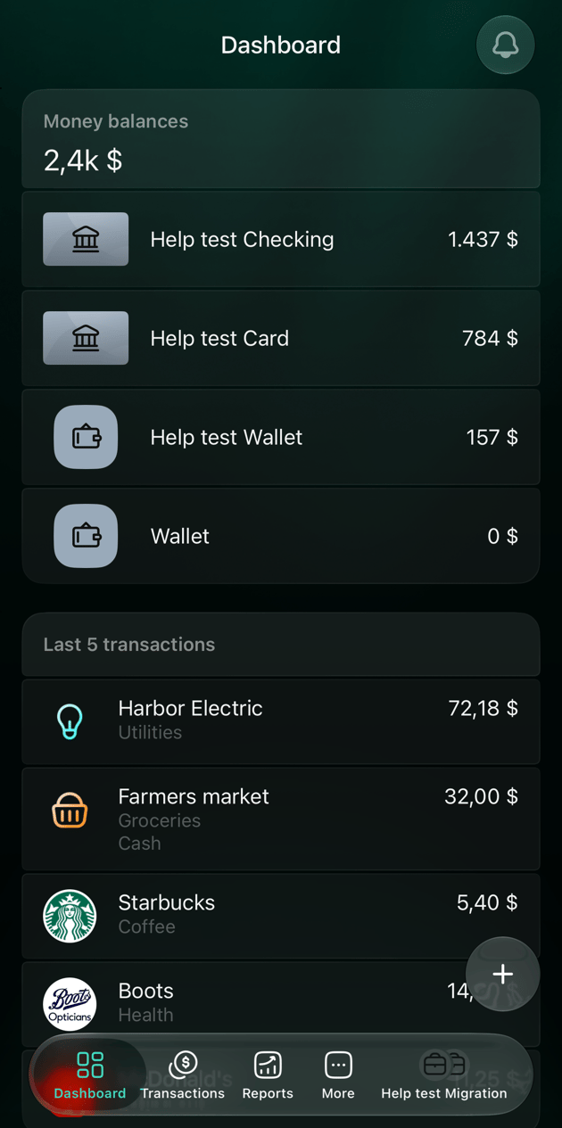 iOS Dashboard of the space after the move: Money balances with Help test Checking 1,437 dollars, Help test Card 784 dollars, Help test Wallet 157 dollars and Wallet 0 dollars; Last 5 transactions with Harbor Electric in Utilities, Farmers market in Groceries, Starbucks in Coffee and Boots in Health.