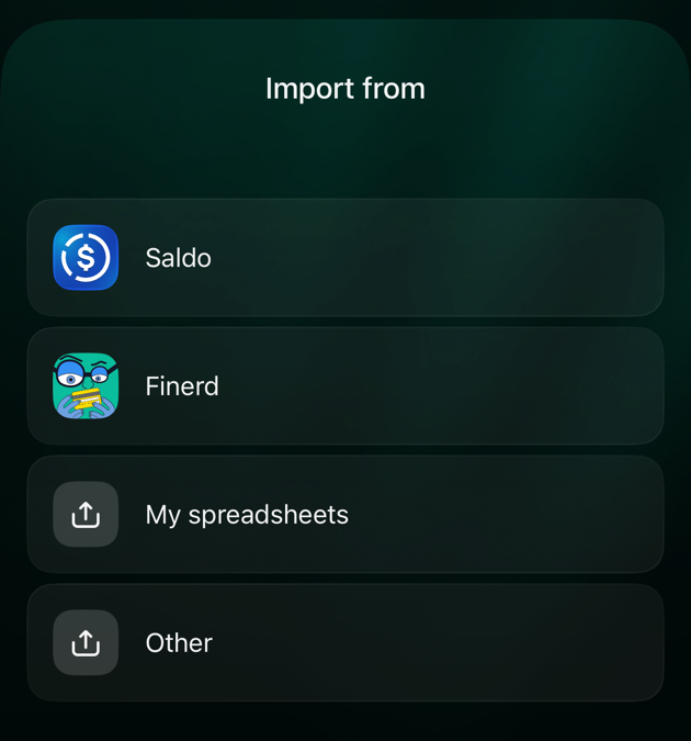 iOS Import from: Saldo, Finerd, My spreadsheets and Other.