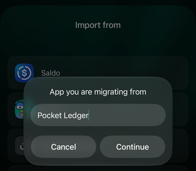 iOS dialog App you are migrating from with Pocket Ledger entered, and Cancel and Continue buttons.