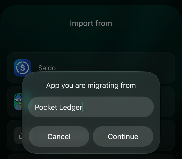 iOS dialog App you are migrating from with Pocket Ledger entered, and Cancel and Continue buttons.