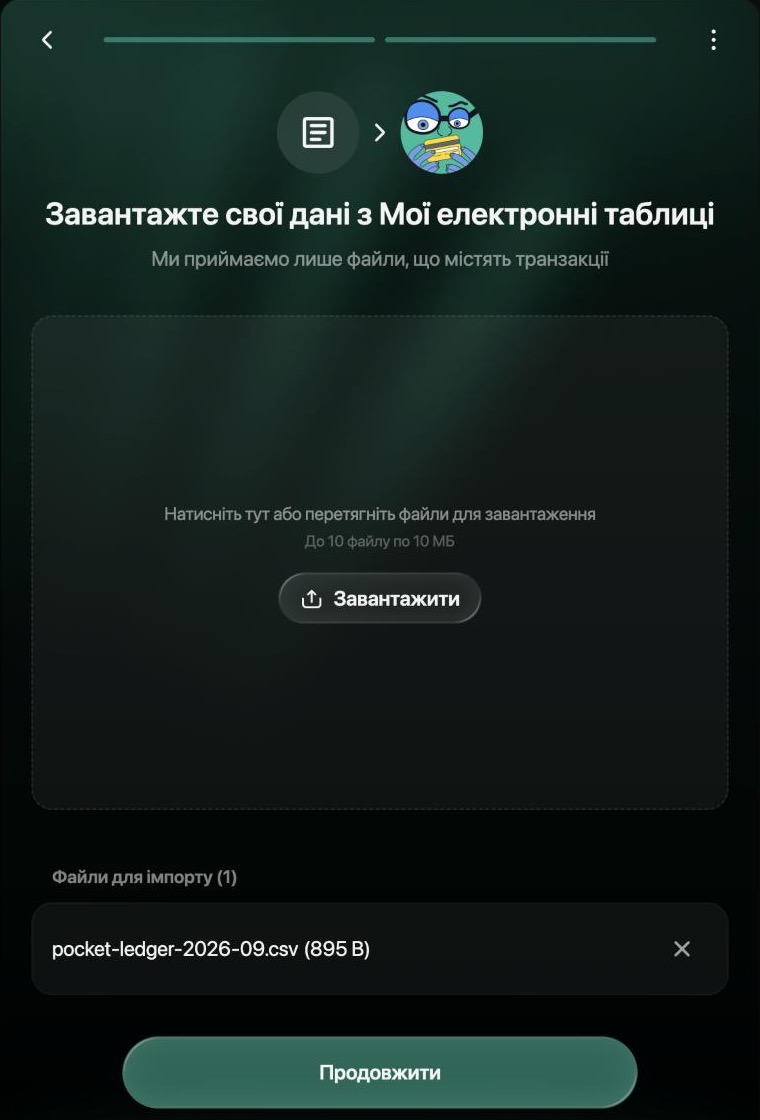 Завантажте свої дані з Мої електронні таблиці: Ми приймаємо лише файли, що містять транзакції, область завантаження з кнопкою Завантажити та Файли для імпорту (1) з pocket-ledger-2026-09.csv і кнопкою Продовжити.