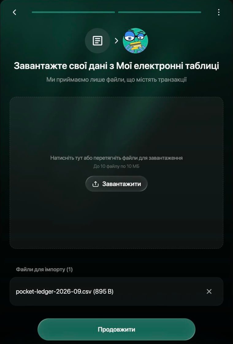 Завантажте свої дані з Мої електронні таблиці: Ми приймаємо лише файли, що містять транзакції, область завантаження з кнопкою Завантажити та Файли для імпорту (1) з pocket-ledger-2026-09.csv і кнопкою Продовжити.