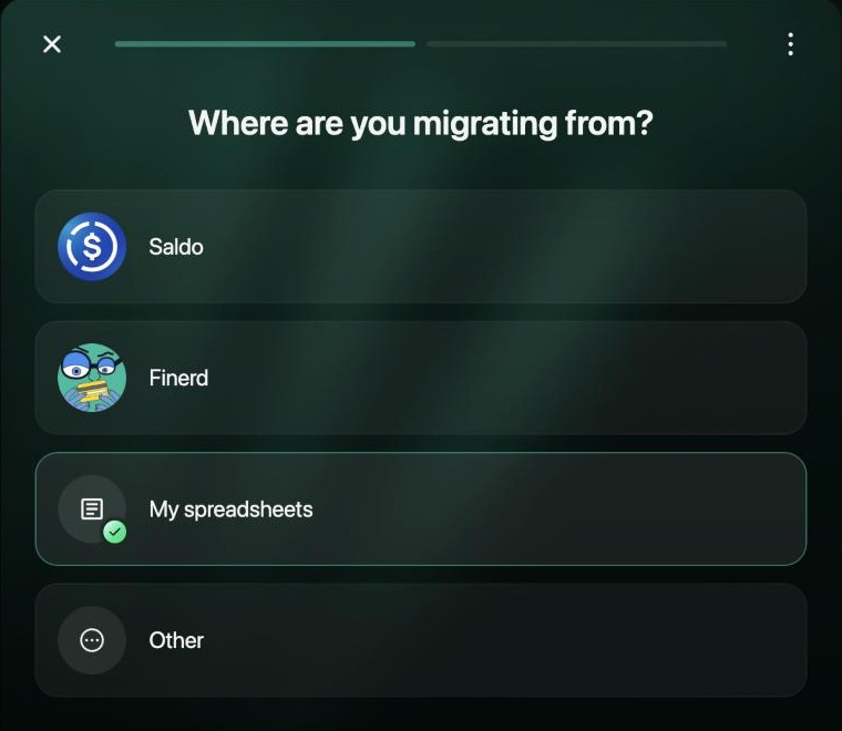 Where are you migrating from? with four options: Saldo, Finerd, My spreadsheets (selected) and Other.