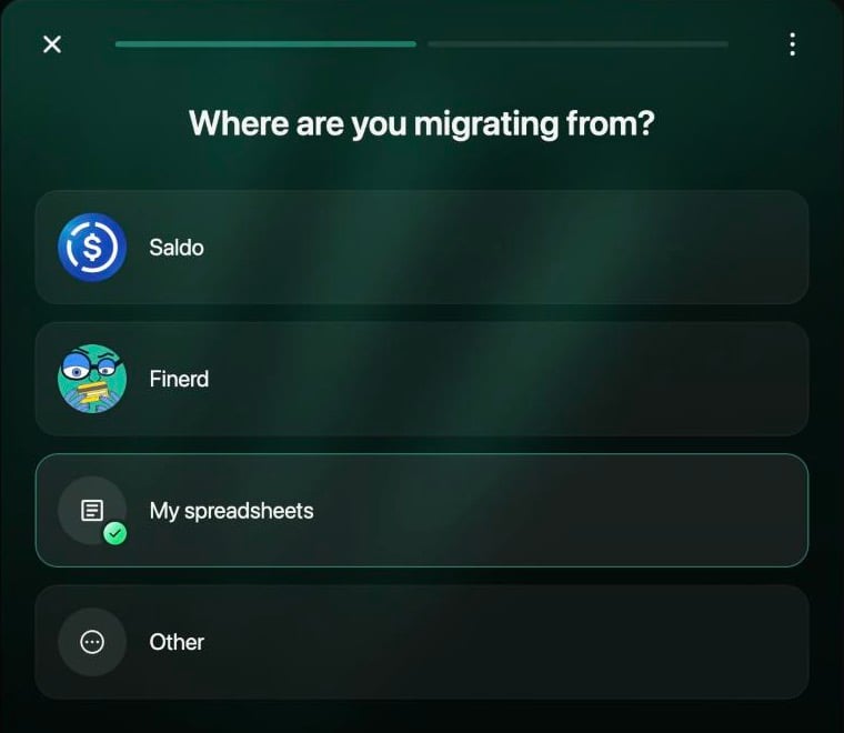Where are you migrating from? with four options: Saldo, Finerd, My spreadsheets (selected) and Other.
