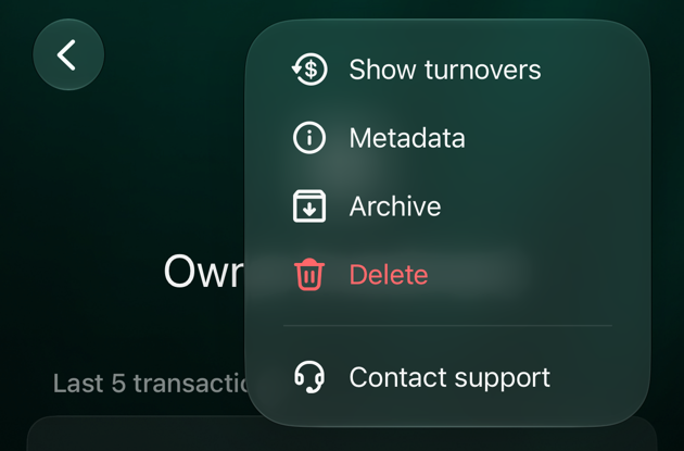 The ⋮ menu of Owner Investment on iOS: Show turnovers, Metadata, Archive, Delete and Contact support