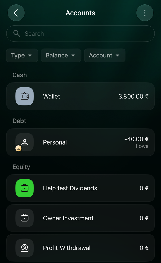 Accounts on iOS in a business space: Cash with Wallet 3.800,00 €, Debt with Personal −40,00 €, and Equity with Help test Dividends, Owner Investment and Profit Withdrawal at 0 €