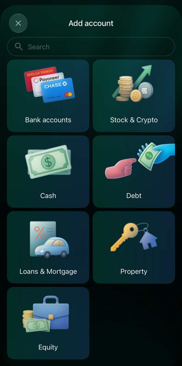 Add account on iOS in a business space: Bank accounts, Stock & Crypto, Cash, Debt, Loans & Mortgage, Property and Equity