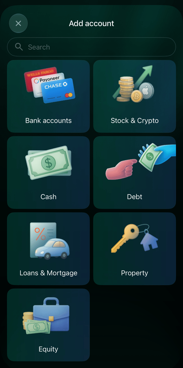 ビジネススペースのiOSのAdd account。Bank accounts、Stock & Crypto、Cash、Debt、Loans & Mortgage、Property、Equity