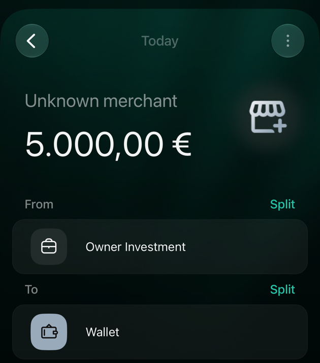 A new transaction on iOS: Unknown merchant, 5.000,00 €, From Owner Investment, To Wallet