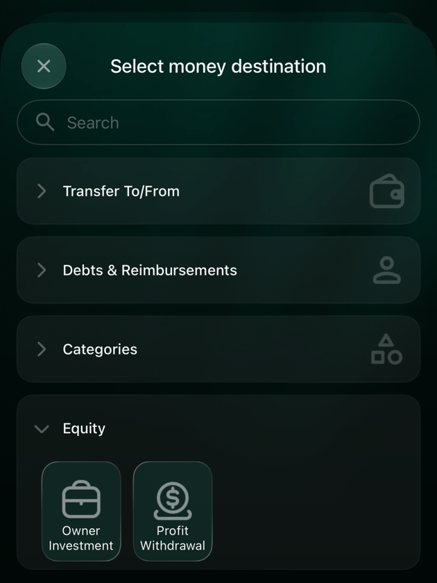 iOSのSelect money destination。Transfer To/From、Debts & Reimbursements、Categories、Owner InvestmentとProfit WithdrawalのあるEquity