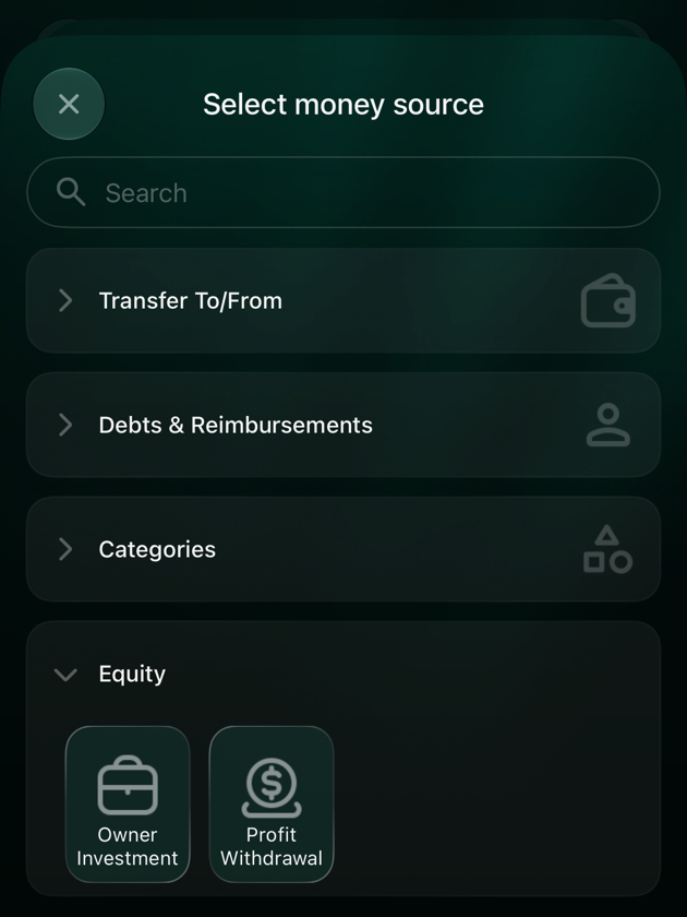 Select money source on iOS: Transfer To/From, Debts & Reimbursements, Categories, and Equity open with Owner Investment and Profit Withdrawal