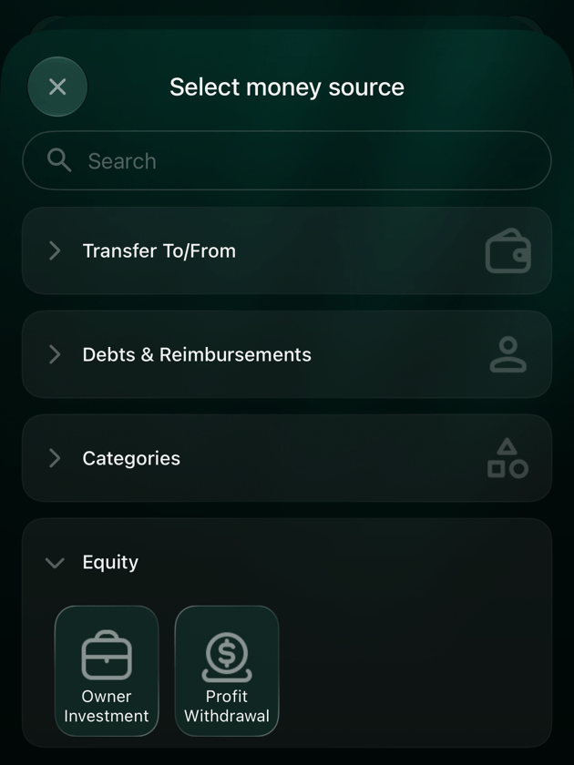 iOSのSelect money source。Transfer To/From、Debts & Reimbursements、Categories、開いたEquityにOwner InvestmentとProfit Withdrawal
