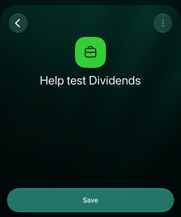 A new equity account on iOS: a green briefcase icon, the name Help test Dividends and the Save button