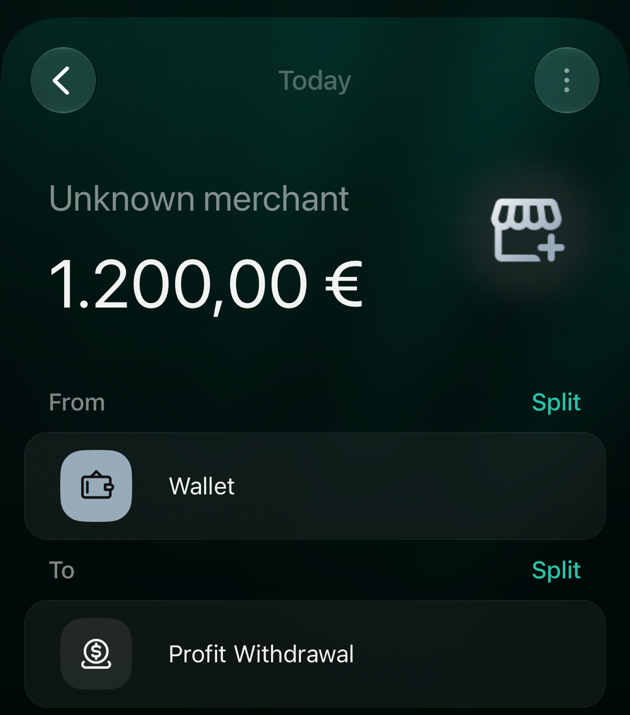 A new transaction on iOS: Unknown merchant, 1.200,00 €, From Wallet, To Profit Withdrawal