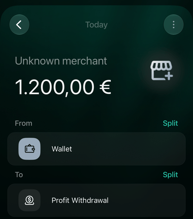 iOSの新しい取引。Unknown merchant、1.200,00 €、From Wallet、To Profit Withdrawal