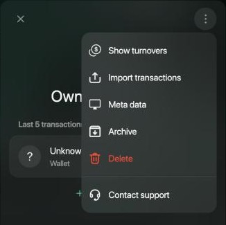 The ⋮ menu of Owner Investment on the web: Show turnovers, Import transactions, Meta data, Archive, Delete and Contact support