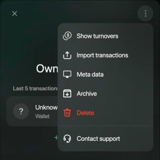 WebのOwner Investmentの⋮メニュー。Show turnovers、Import transactions、Meta data、Archive、Delete、Contact support