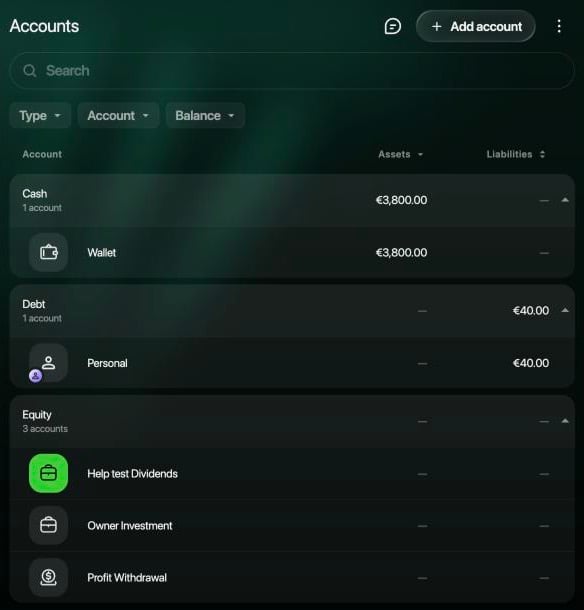ビジネススペースのWebのAccounts。CashにWallet €3,800.00、LiabilitiesのDebtにPersonal €40.00、Equityに3つの口座(Help test Dividends、Owner Investment、Profit Withdrawal)、いずれもダッシュ表示