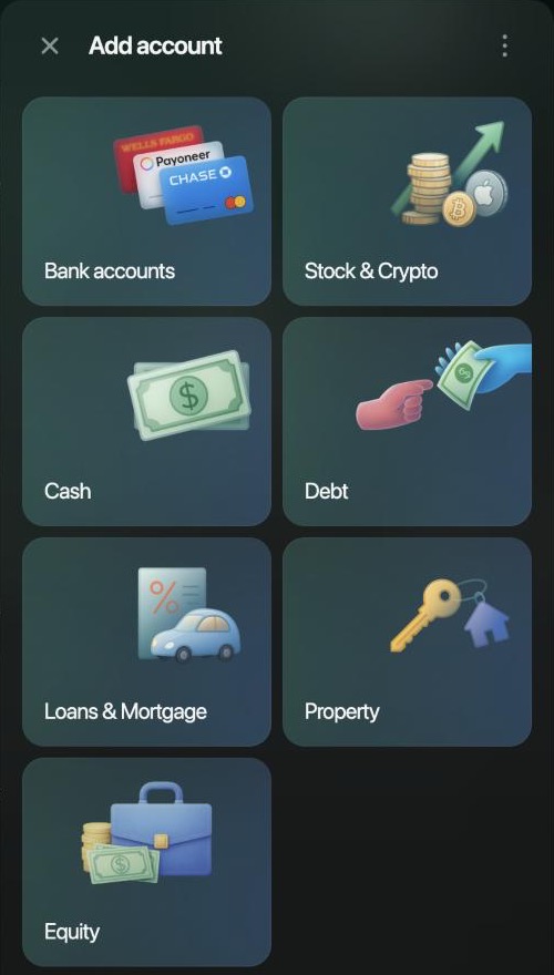 The Add account panel on the web in a business space: Bank accounts, Stock & Crypto, Cash, Debt, Loans & Mortgage, Property and Equity