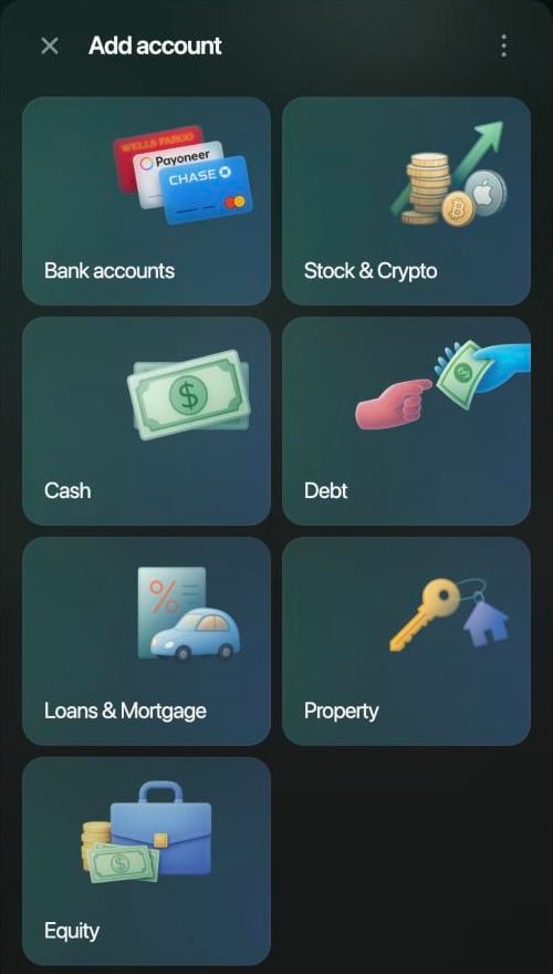 ビジネススペースのWebのAdd accountパネル。Bank accounts、Stock & Crypto、Cash、Debt、Loans & Mortgage、Property、Equity