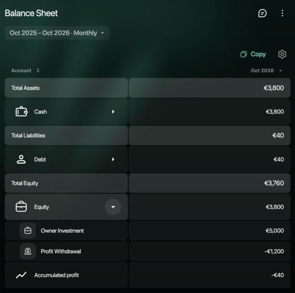 Balance Sheet on the web for Oct 2026: Total Assets €3,800 with Cash €3,800; Total Liabilities €40 with Debt €40; Total Equity €3,760 with Equity €3,800 (Owner Investment €5,000, Profit Withdrawal −€1,200) and Accumulated profit −€40