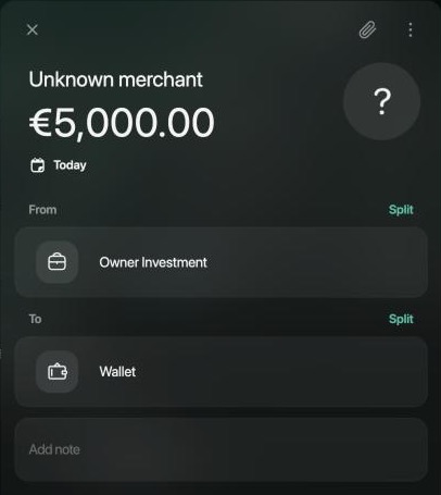 A new transaction on the web: Unknown merchant, €5,000.00, Today, From Owner Investment, To Wallet