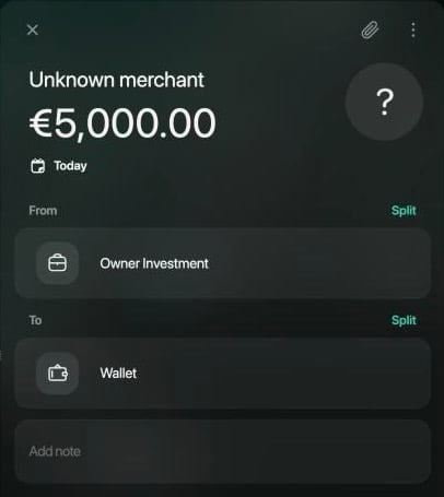 Webの新しい取引。Unknown merchant、€5,000.00、Today、From Owner Investment、To Wallet