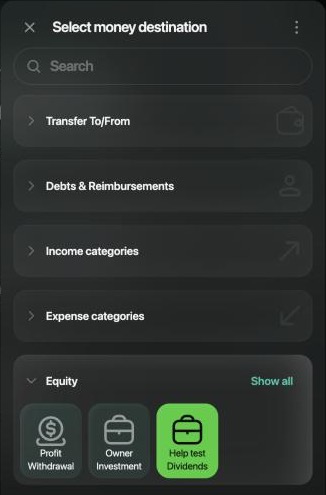 The list of accounts and categories on the web: Transfer To/From, Debts & Reimbursements, Income categories, Expense categories, and Equity open with Profit Withdrawal, Owner Investment and Help test Dividends