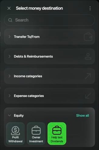 Webの口座とカテゴリのリスト。Transfer To/From、Debts & Reimbursements、Income categories、Expense categories、開いたEquityにProfit Withdrawal、Owner Investment、Help test Dividends