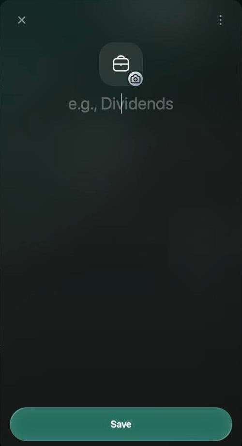 Webの新しい持分口座。カメラのバッジが付いたブリーフケースのアイコン、e.g., Dividendsというヒントが入った名前の欄、Saveボタン