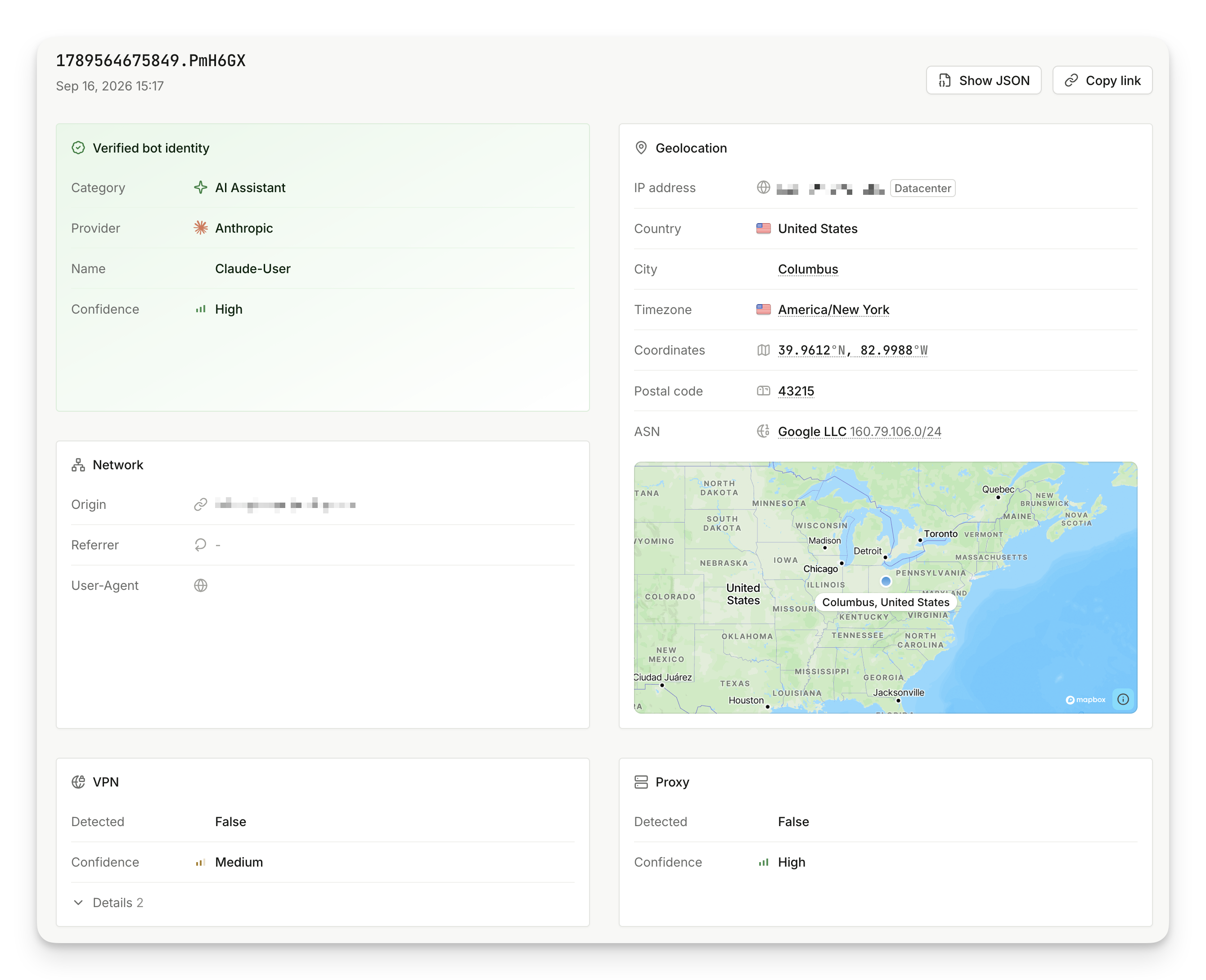 The event details page, showing the bot identity card, geolocation with a map, network details, and VPN and proxy results