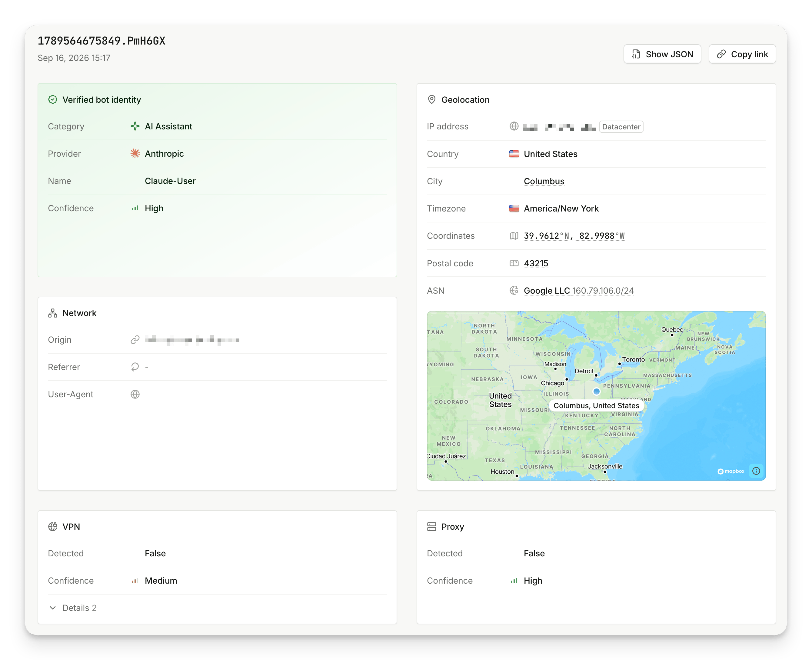The event details page, showing the bot identity card, geolocation with a map, network details, and VPN and proxy results