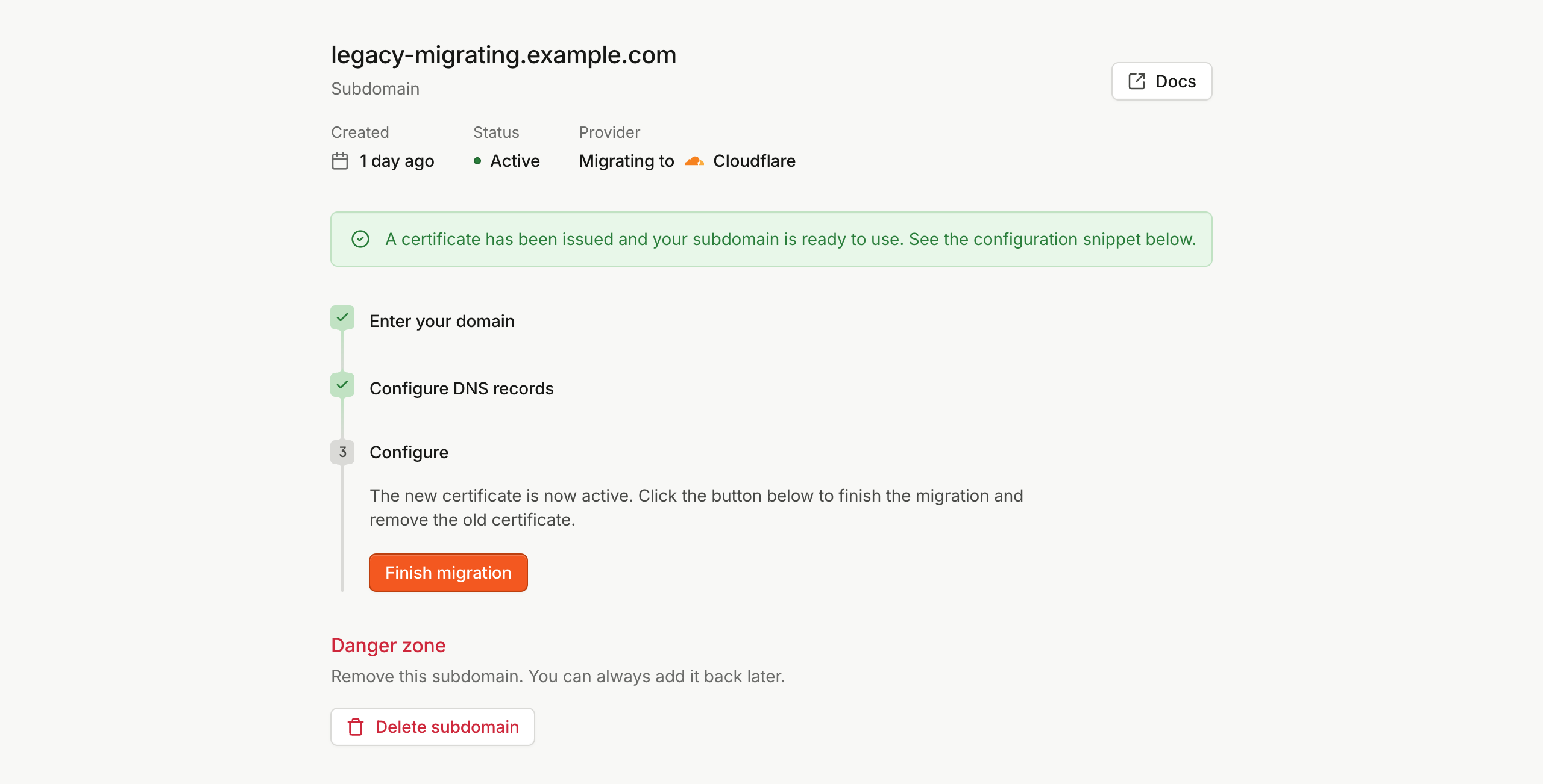 Subdomain page showing an issued certificate and a Finish migration button