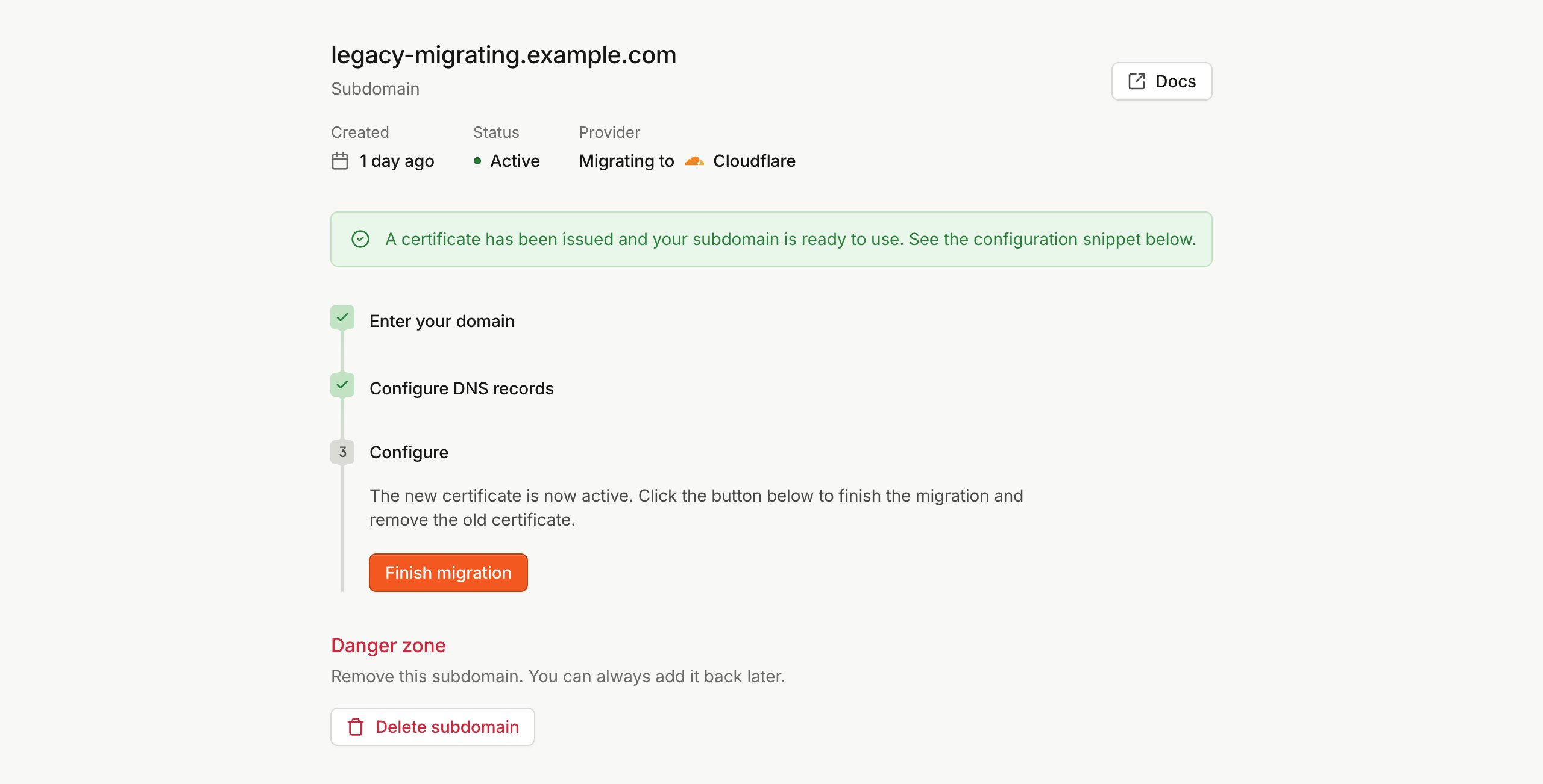 Subdomain page showing an issued certificate and a Finish migration button