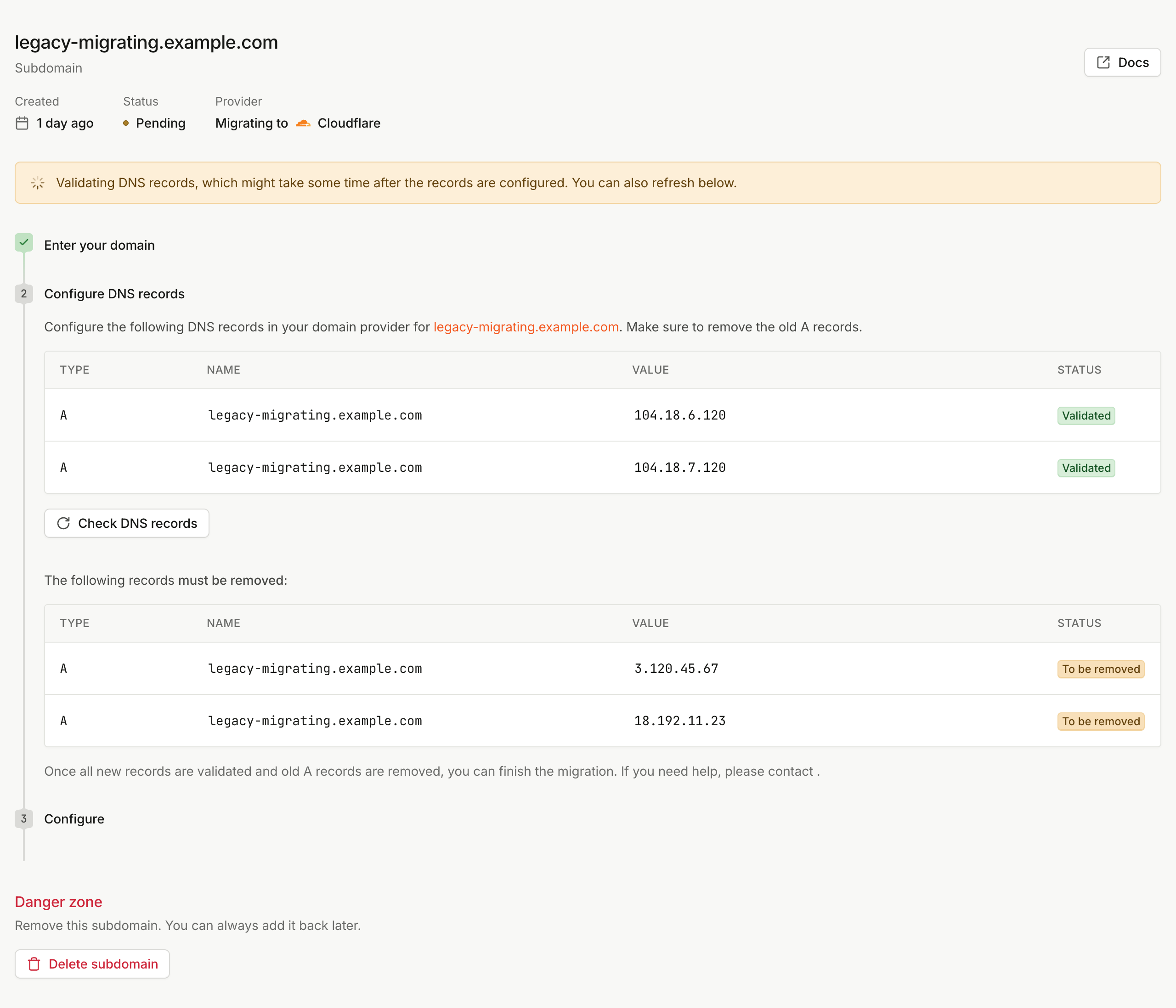 Configure DNS records step showing two new A records marked Validated and two old A records marked To be removed