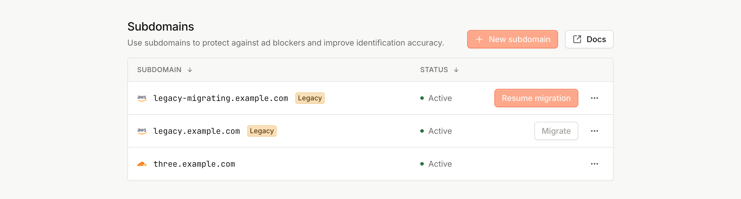 Subdomains page with two subdomains tagged Legacy, one with a Resume migration button and one with a Migrate button